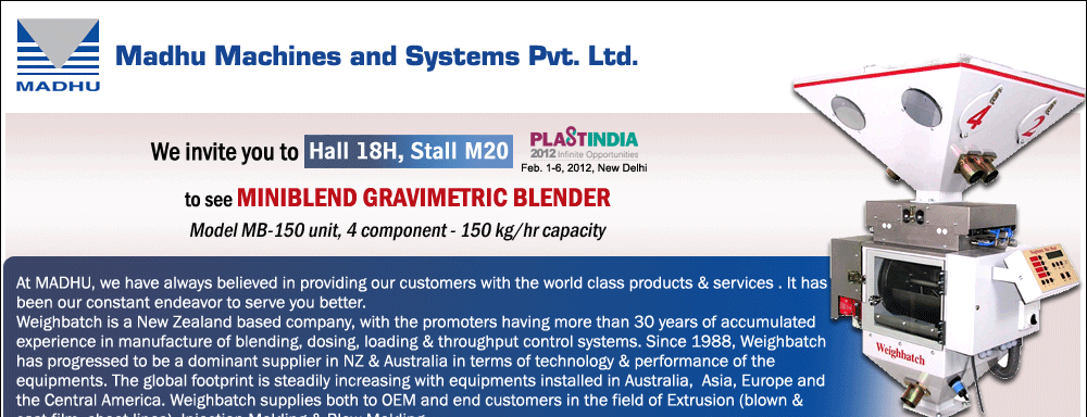 Visit Us at Hall 18H, Stall M20 at Plastindia 2012