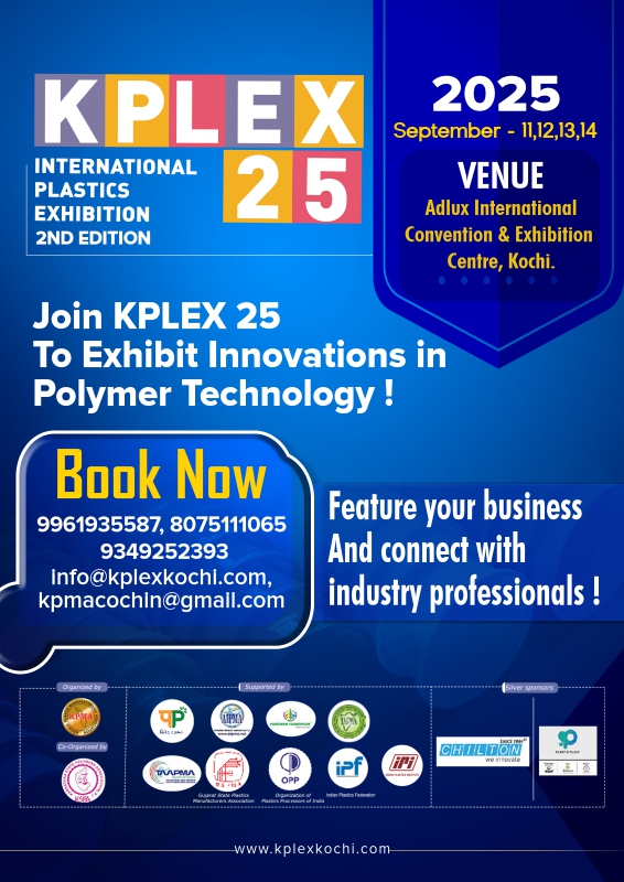 KPLEX 25, the 2nd edition of the International Plastics Exhibition, taking place from September 11 to 14, 2025, at Adlux International Convention & Exhibition Centre in Kochi. 