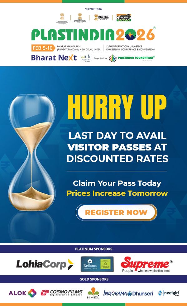 PlastIndia 2026 visitor pass discount promotion showing an hourglass and “Hurry Up” message for last day to register at reduced rates for the plastics exhibition in New Delhi