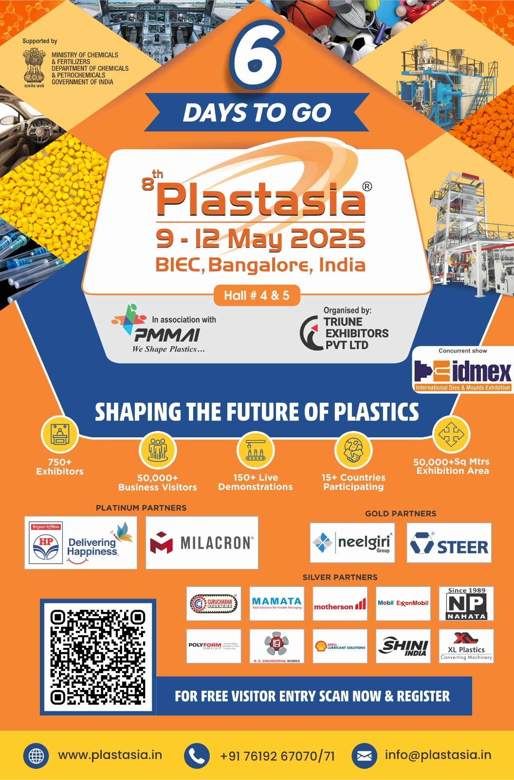 8th Plastasia 2025 exhibition happening from 9-12 May at BIEC, Bangalore, showcasing plastics machinery, global exhibitors, and industry innovations.