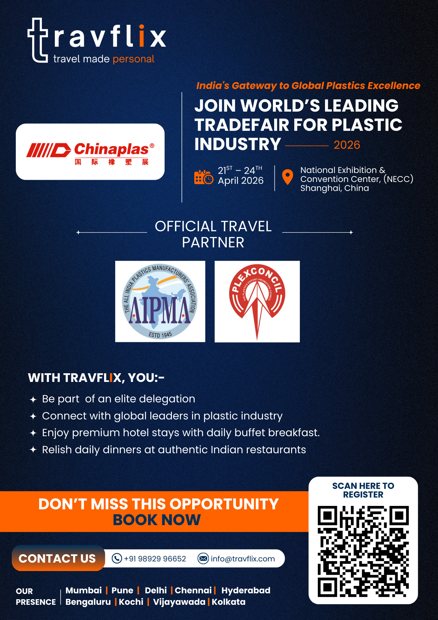 Travflix Chinaplas 2026 travel package exhibition dates April 21�24 at NECC Shanghai with official travel partner logos and benefits for plastics industry delegates.