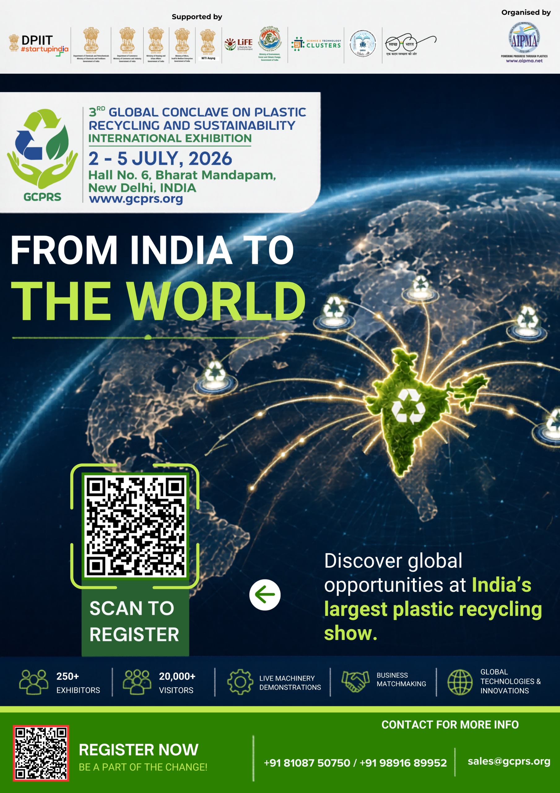 GCPRS 2026 � 3rd Global Conclave on Plastic Recycling and Sustainability International Exhibition, highlighting global networking opportunities, plastic recycling innovations, 250+ exhibitors, 20,000+ visitors, and the event taking place at Bharat Mandapam, New Delhi from 2�5 July 2026.