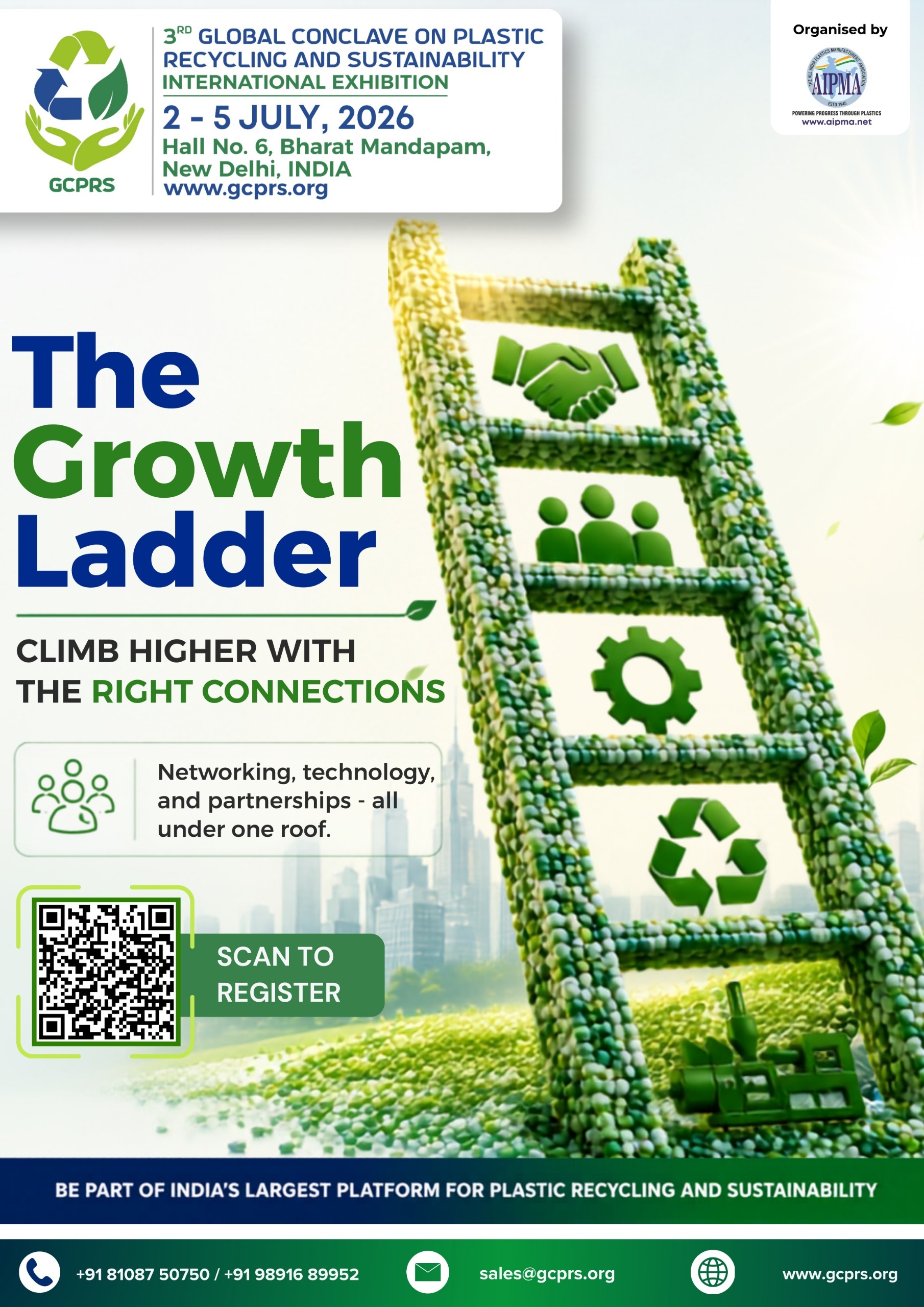 GCPRS 2026 promotional banner highlighting the 3rd Global Conclave on Plastic Recycling and Sustainability International Exhibition from 2�5 July 2026 at Bharat Mandapam, New Delhi, featuring networking, technology, partnerships, and recycling opportunities.