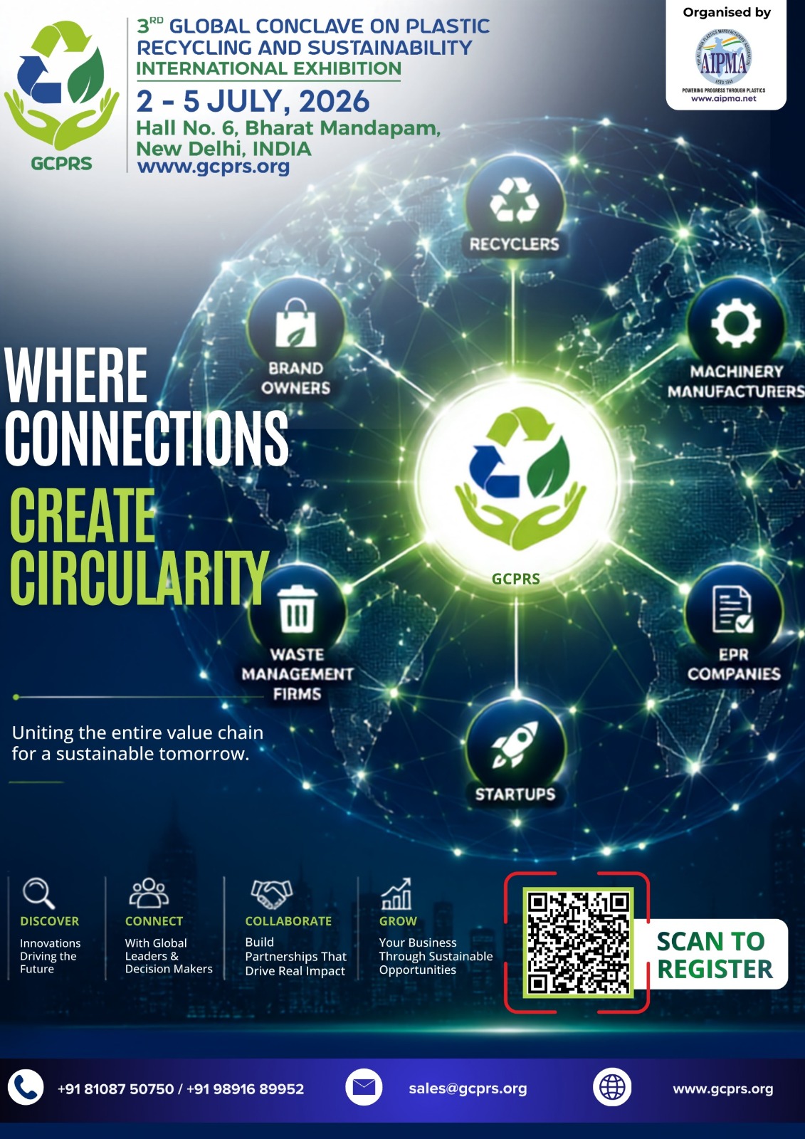 3rd Global Conclave on Plastic Recycling and Sustainability (GCPRS) 2026 at Bharat Mandapam, New Delhi, featuring recyclers, brand owners, machinery manufacturers, EPR companies, startups, and waste management firms connecting for a circular economy.