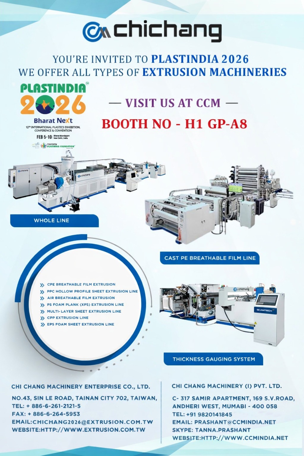 Chi Chang extrusion machinery showcased at Plastindia 2026 Booth H1 GP A8 featuring cast PE breathable film line and thickness gauging system