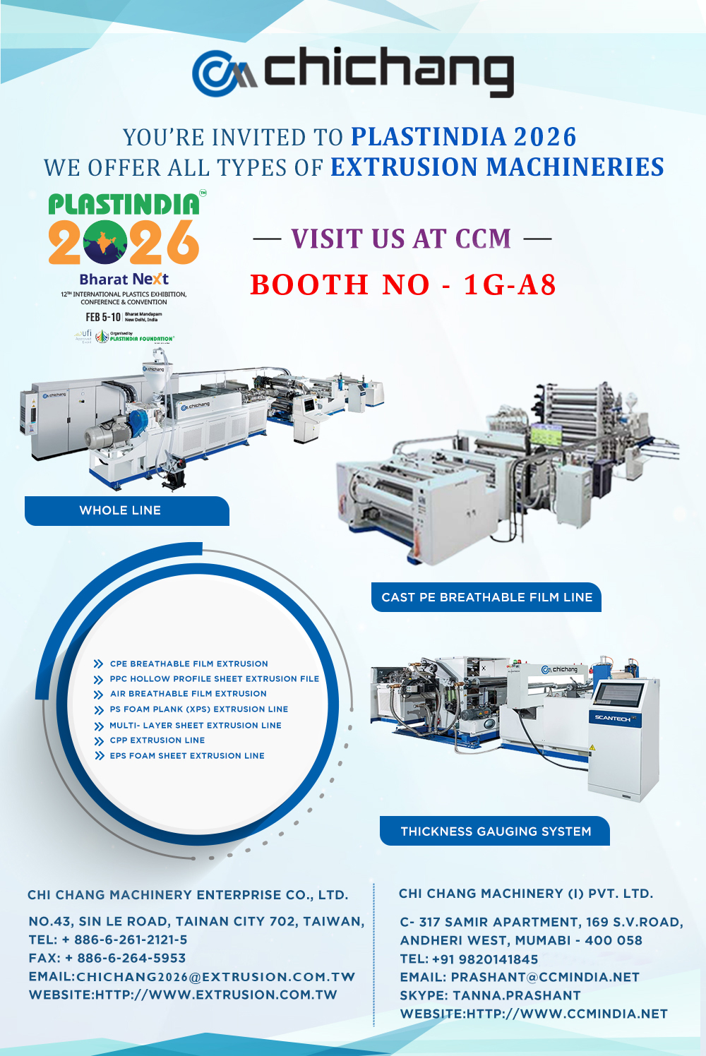 Chi Chang extrusion machinery showcased at Plastindia 2026 Booth 1G-A8 featuring cast PE breathable film line and thickness gauging system
