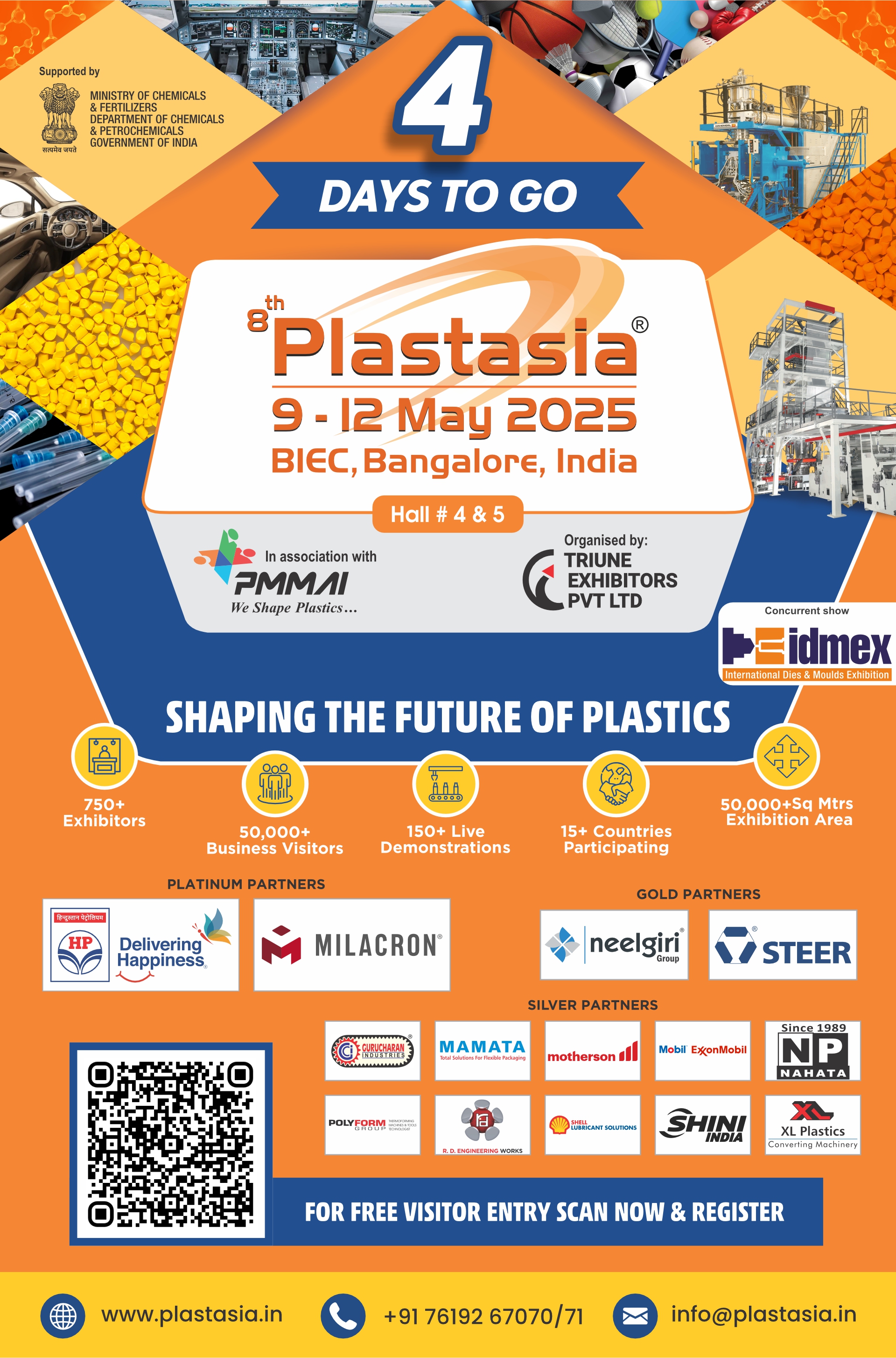 8th Plastasia 2025 exhibition from 9-12 May at BIEC, Bangalore, showcasing plastics machinery, global exhibitors, and industry innovations.


