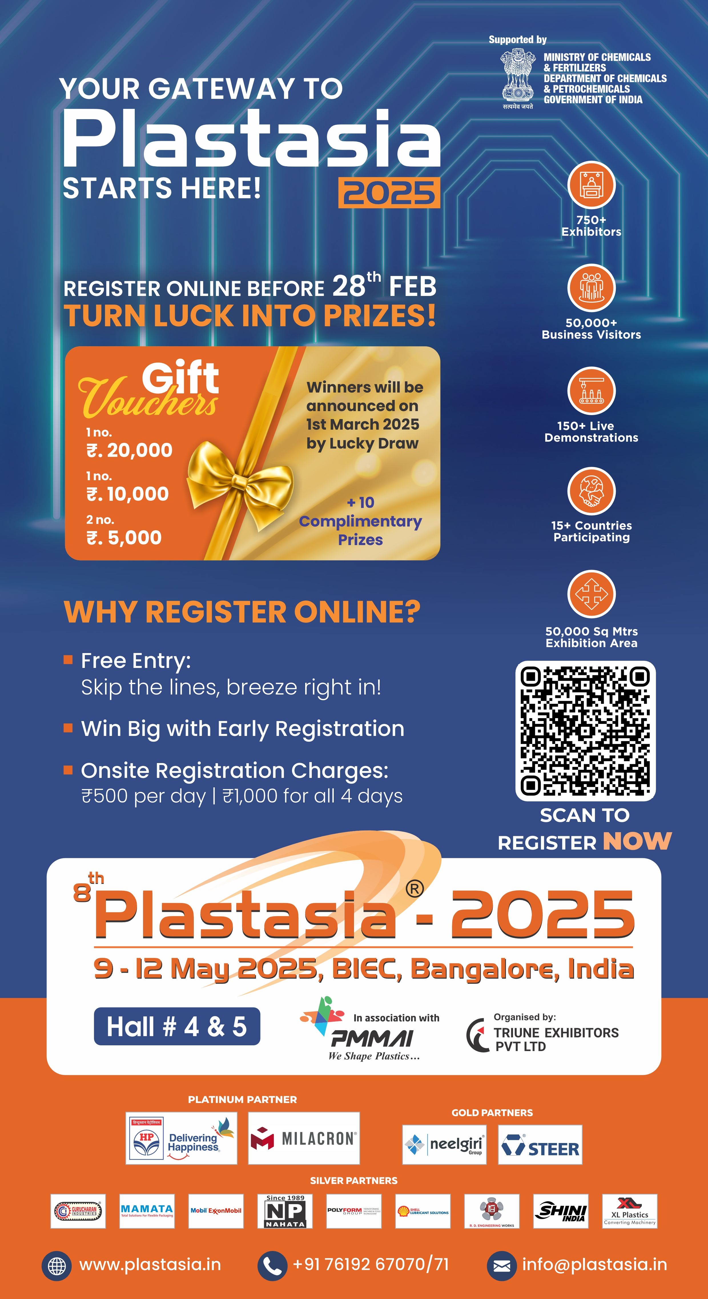 Plastasia 2025 - The 8th International Plastics Exhibition, happening from May 9-12 at BIEC, Bangalore, India, featuring 750+ exhibitors, 50,000+ business visitors, live demonstrations, and global participation from 15+ countries. Register online before February 28 for free entry and a chance to win exciting prizes