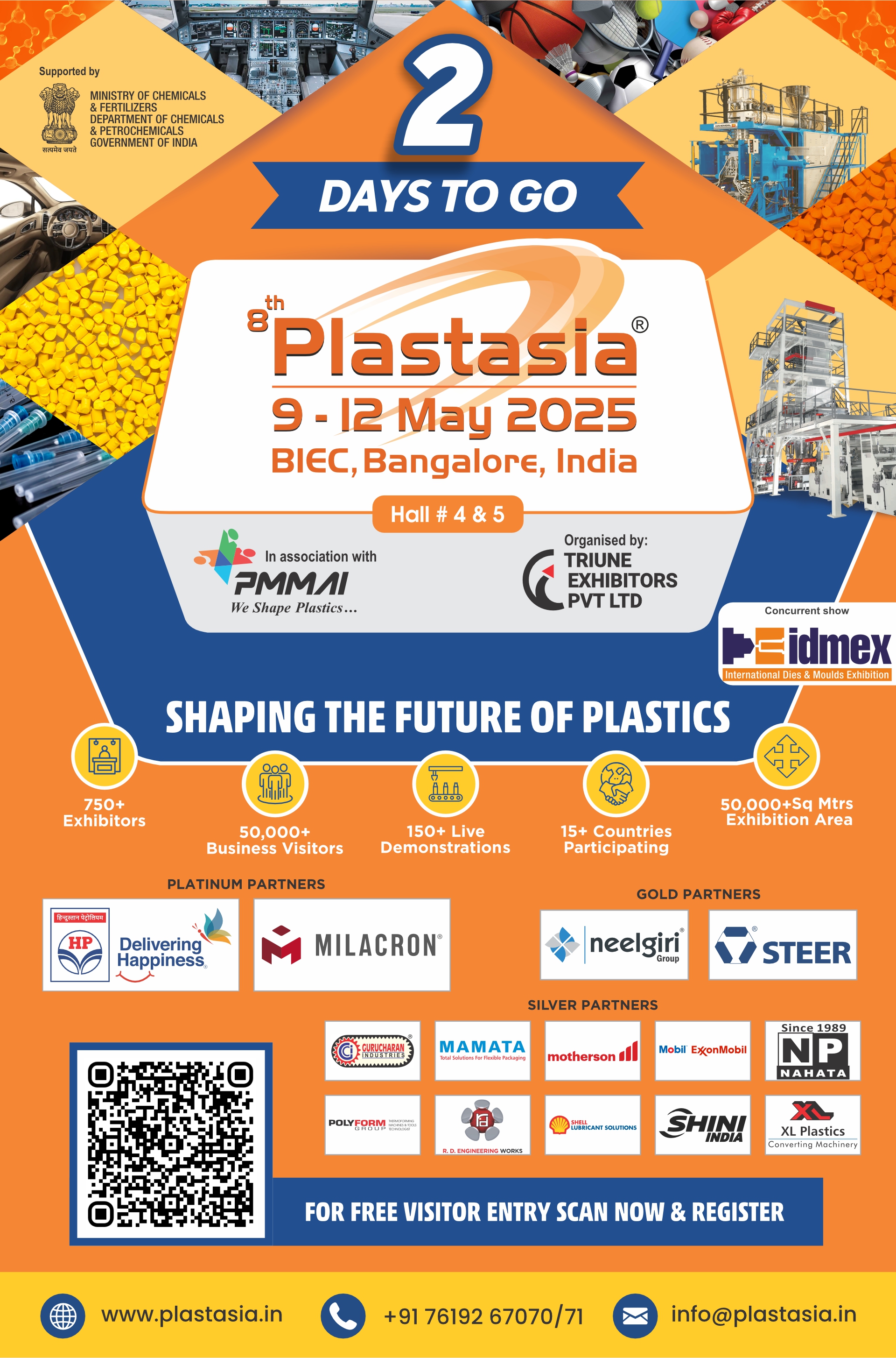Plastasia 9�12 May at BIEC Bangalore with 750+ exhibitors, 50,000+ visitors, and live demos, supported by PMMAI and organised by Triune Exhibitors