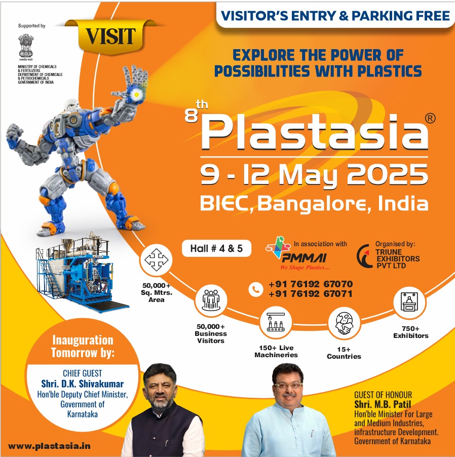Plastasia 2025 plastics exhibition held from 9 to 12 May at BIEC, Bangalore featuring robots, machinery, chief guests, and key event highlights