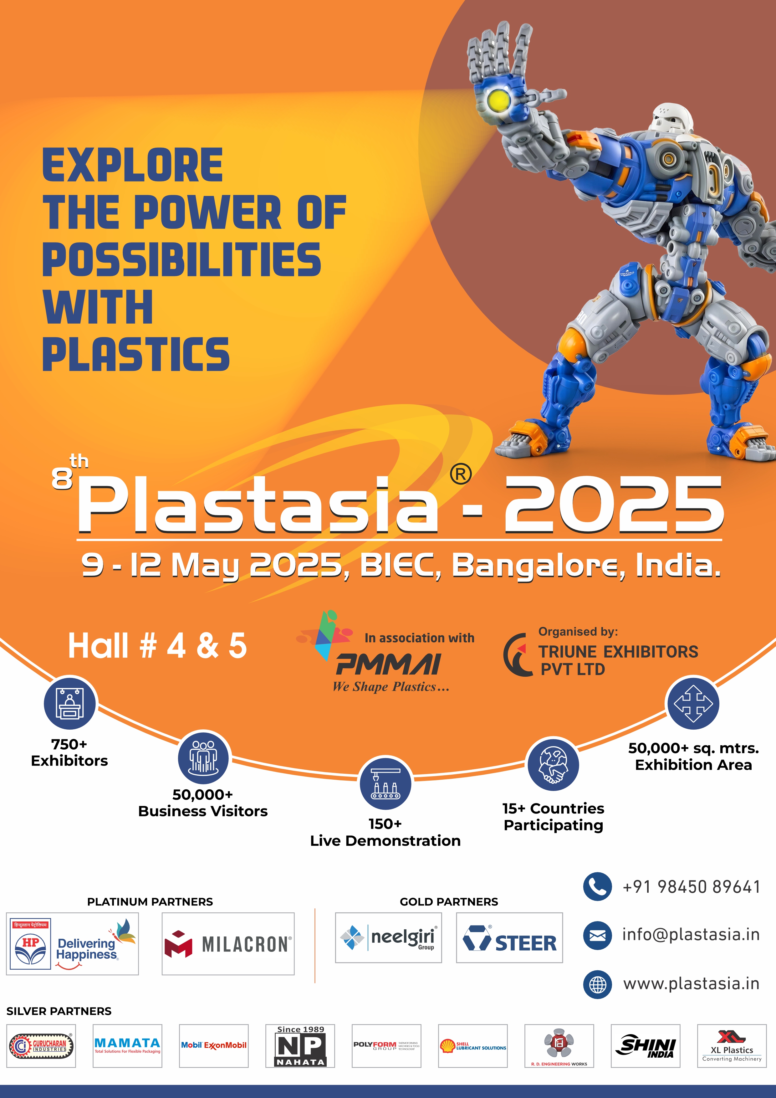 Plastasia 2025 showcasing event details, including dates (May 9-12, 2025), venue (BIEC, Bangalore, India), and highlights such as 750+ exhibitors, 50,000+ business visitors, live demonstrations, and industry participation from 15+ countries