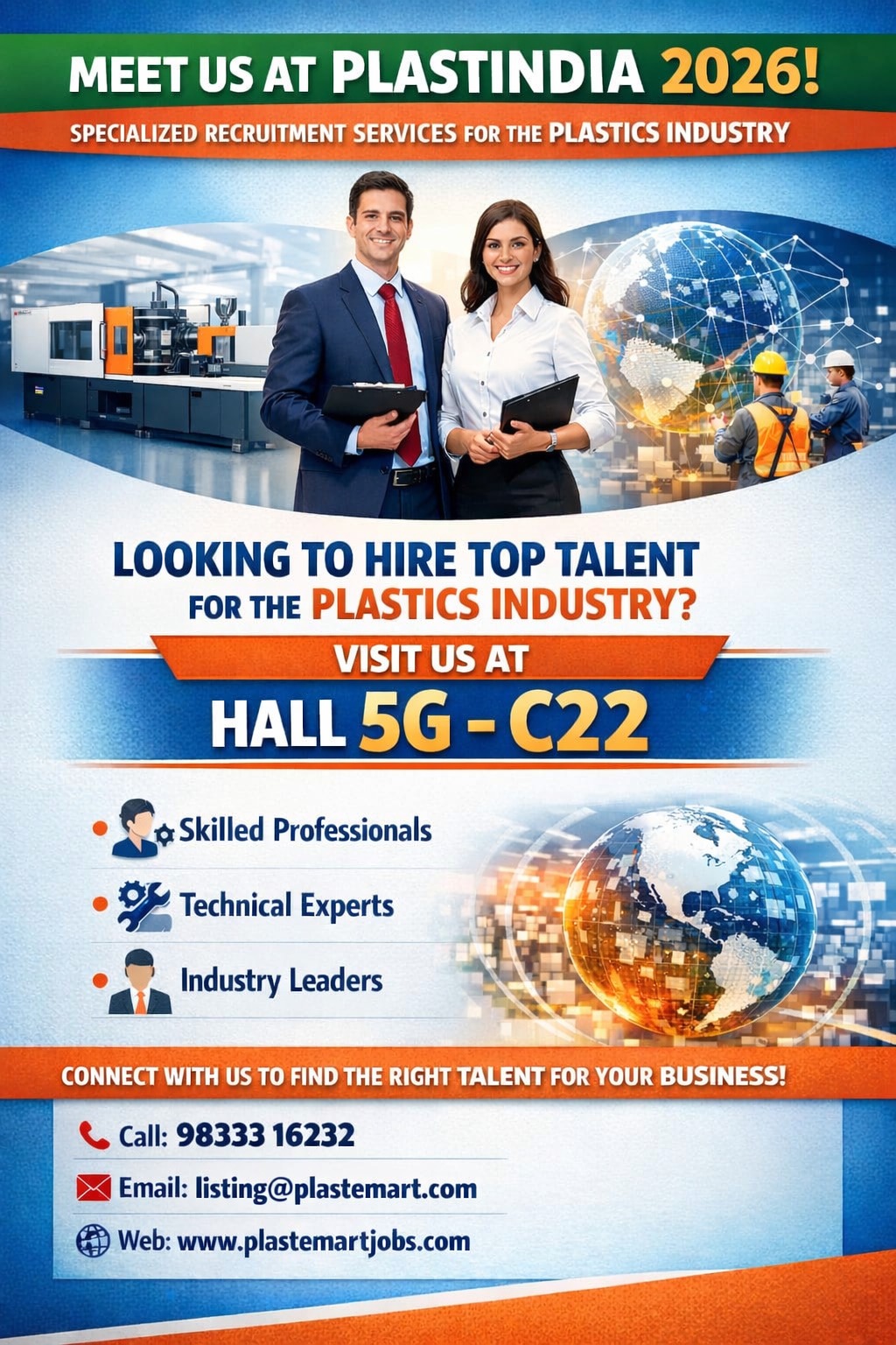 Plastics industry recruitment advertisement for PlastIndia 2026 at Hall 5G-C22
