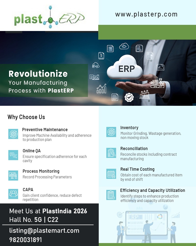 ERP solutions with features like preventive maintenance, inventory management, real-time costing and efficiency at Plastindia 2026 Hall 5G Stall C22.