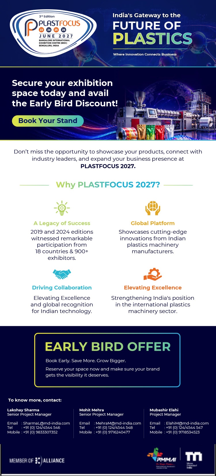 PLASTFOCUS 2027 exhibition emailer featuring the Early Bird Offer, exhibition highlights, global platform, and booking information