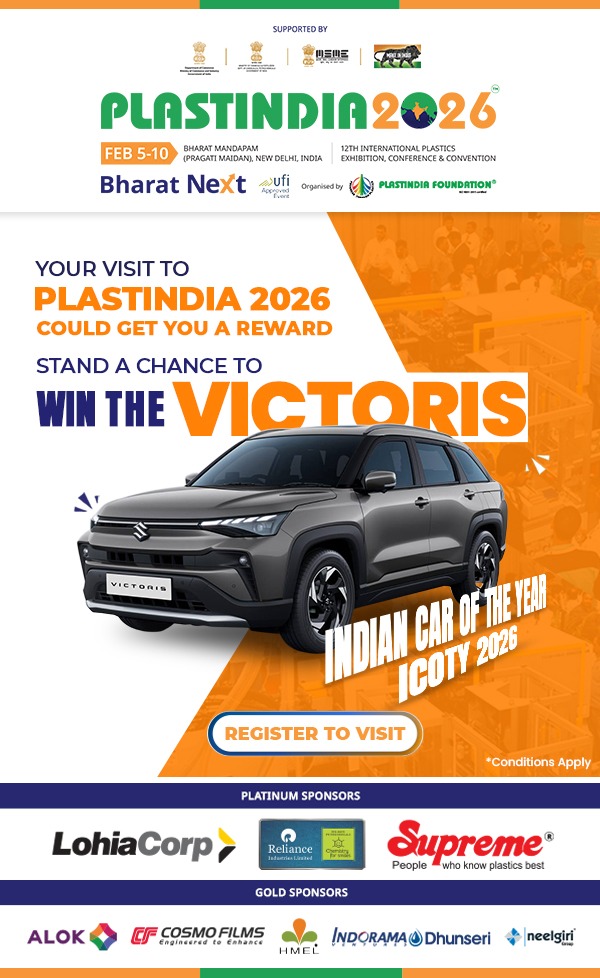 Plastindia 2026 promotion banner showing Victoris Indian Car of the Year 2026 car giveaway and registration call to action