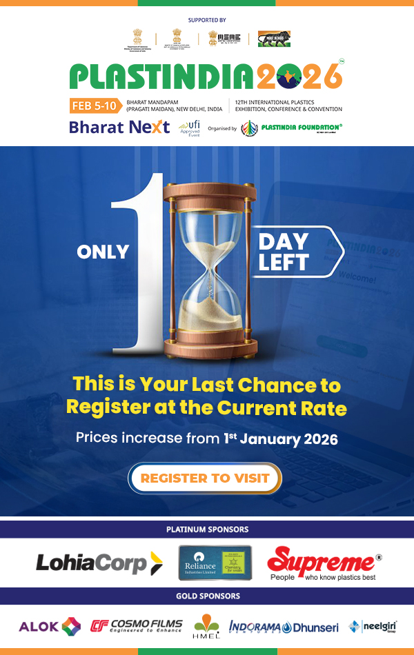 PLASTINDIA 2026 last day registration banner showing 1 day left to register before price increase at Bharat Mandapam New Delhi
