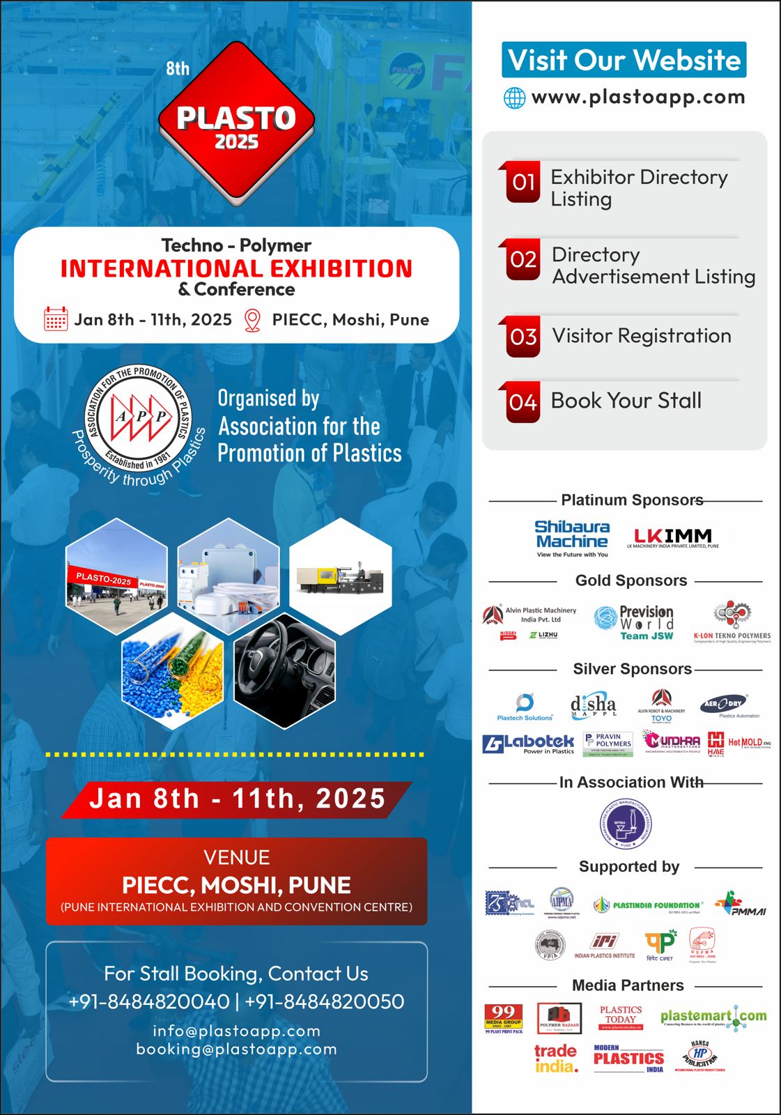 PLASTO 2025 International Exhibition, Jan 8-11, 2025, PIECC, Pune. Organized by the Association for the Promotion of Plastics.