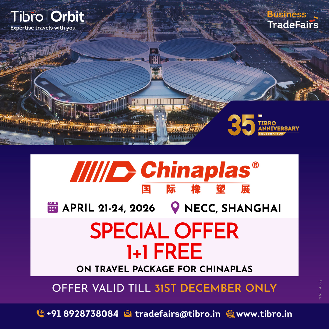 Chinaplas 2026 in Shanghai offering a 1+1 FREE special travel package from Tibro Orbit. The offer is valid until December 31st.