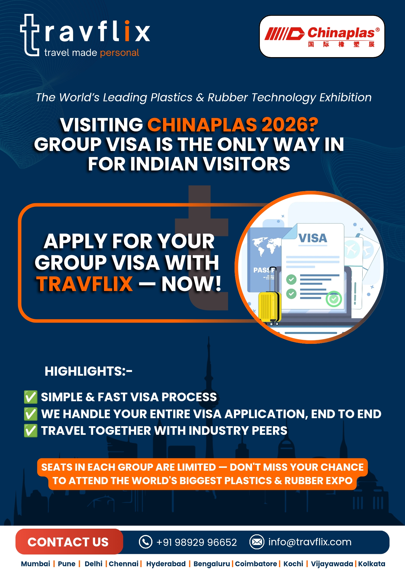 Travflix group visa service for Chinaplas 2026 - travel to leading plastics and rubber technology exhibition with organized group travel and easy visa process.