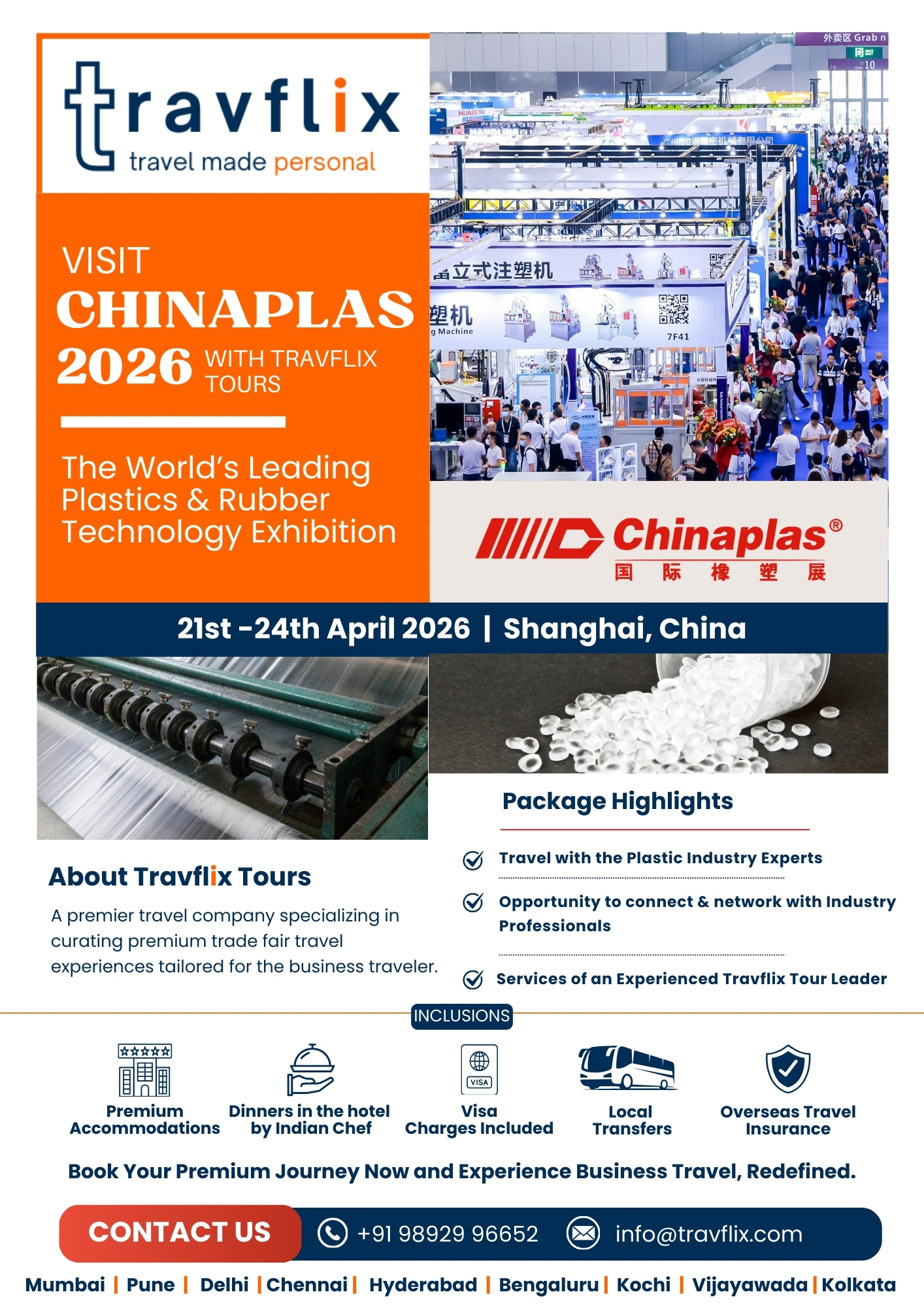 Travflix Tours CHINAPLAS 2026 travel package banner showcasing the world's leading plastics and rubber technology exhibition in Shanghai, China, from 21 - 24 April 2026