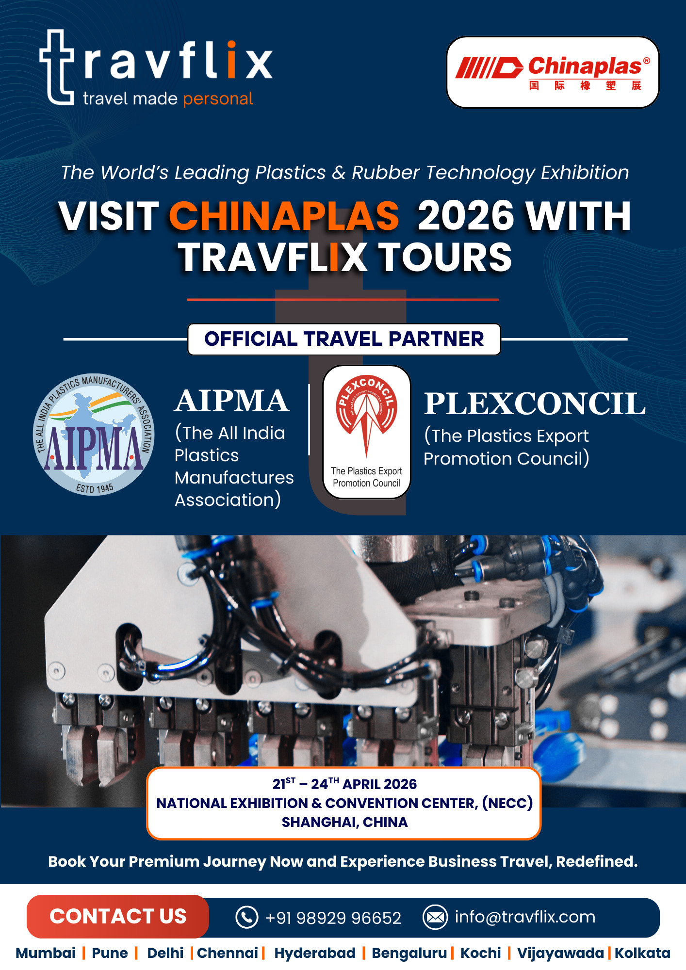 Travflix Tours official travel partner banner for CHINAPLAS 2026 plastics and rubber exhibition at NECC Shanghai China from 21 - 24 April 2026