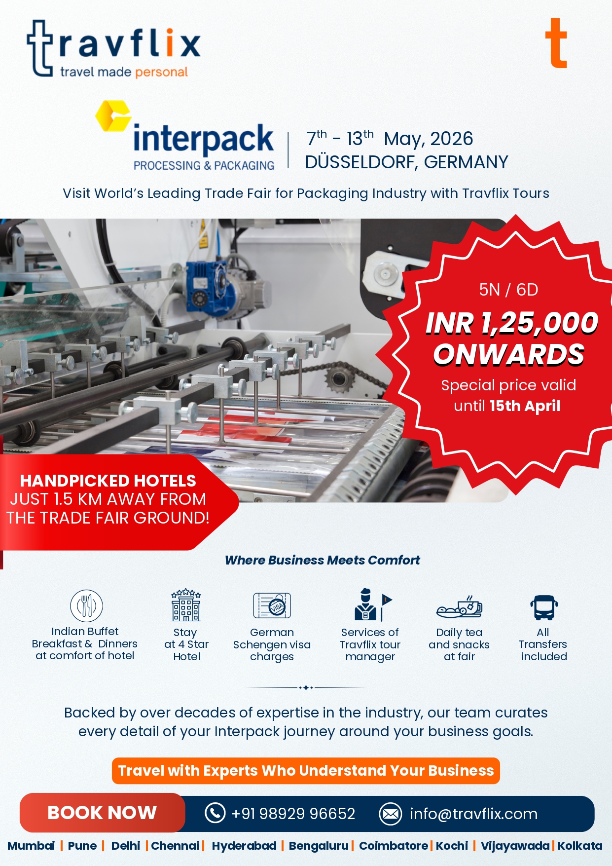 Travflix Interpack 2026 Dusseldorf Germany trade fair tour package banner with 5N 6D stay, 4-star hotel and visa assistance.