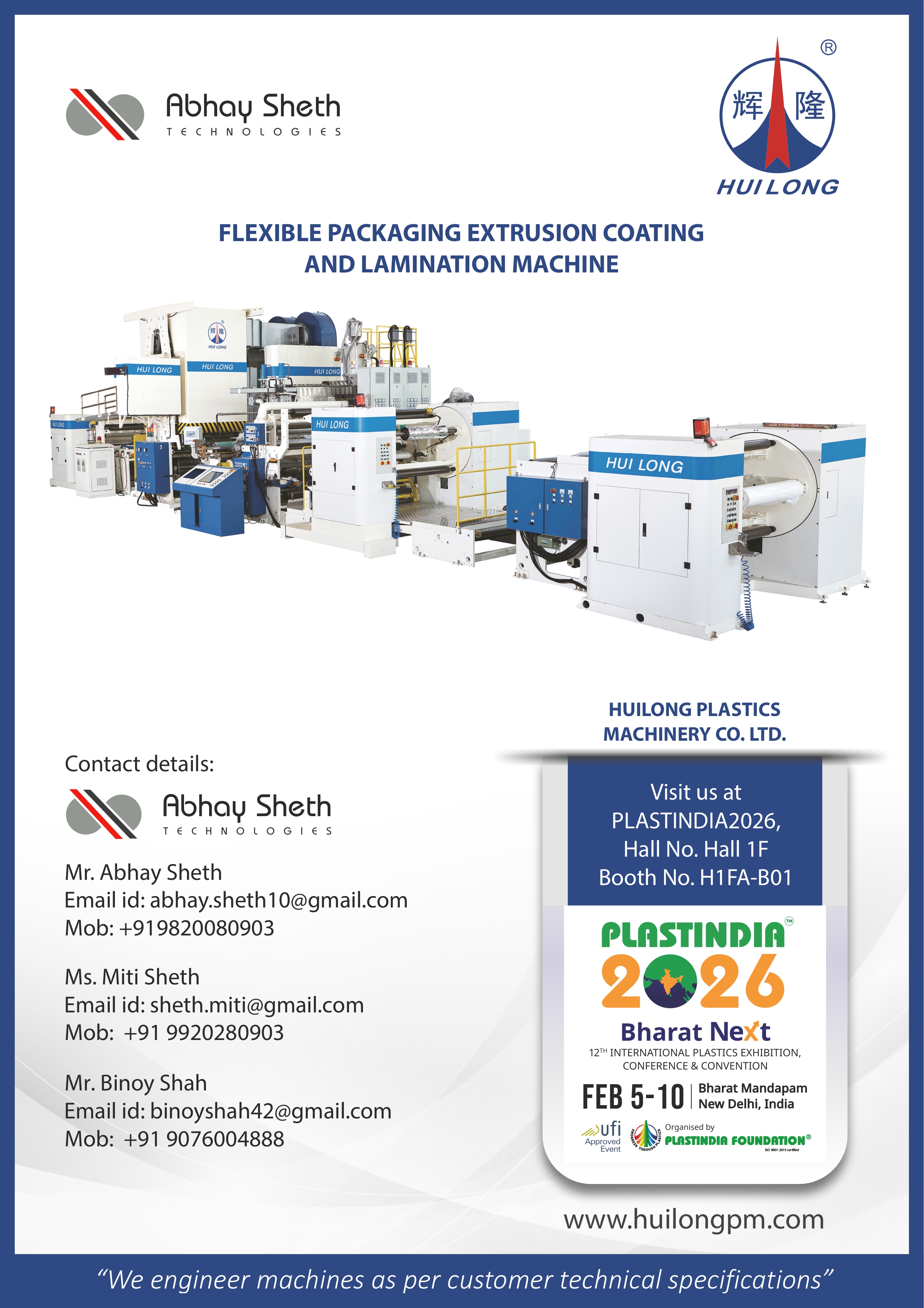Huilong flexible packaging extrusion coating and lamination machine showcased by Abhay Sheth Technologies at PLASTINDIA 2026 New Delhi