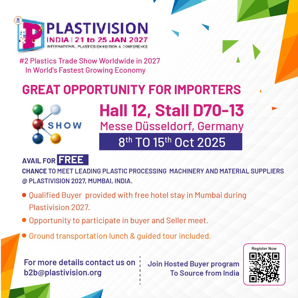 Plastivision India 2027 Hall 12, Stall D70-13, Messe Dusseldorf, Germany, 8th to 15th October 2025. Free hosted buyer program with hotel stay, guided tour, and buyer-seller meet.